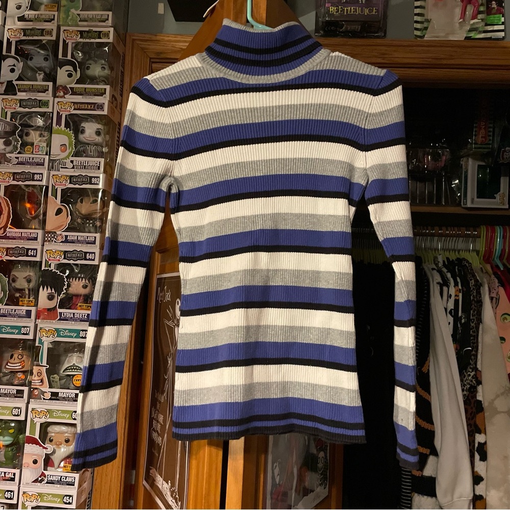 Striped Blue and White Turtleneck Sweater